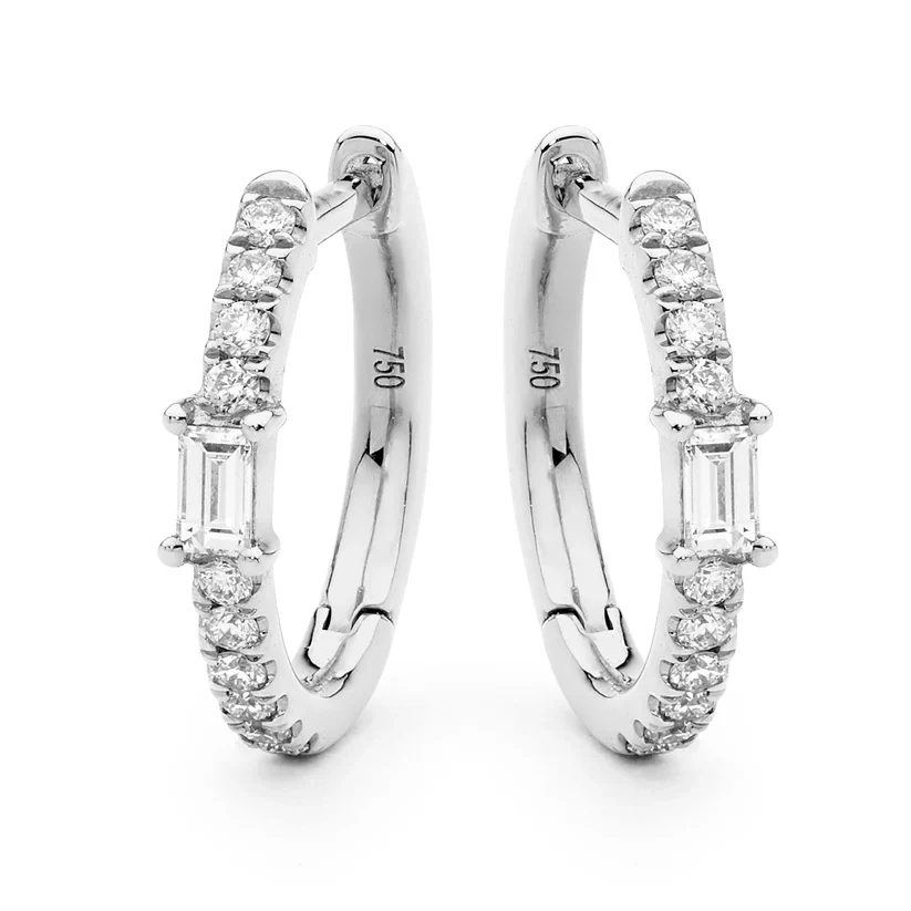 Brilliant Baguette Claw Set Diamond Petite Hoops