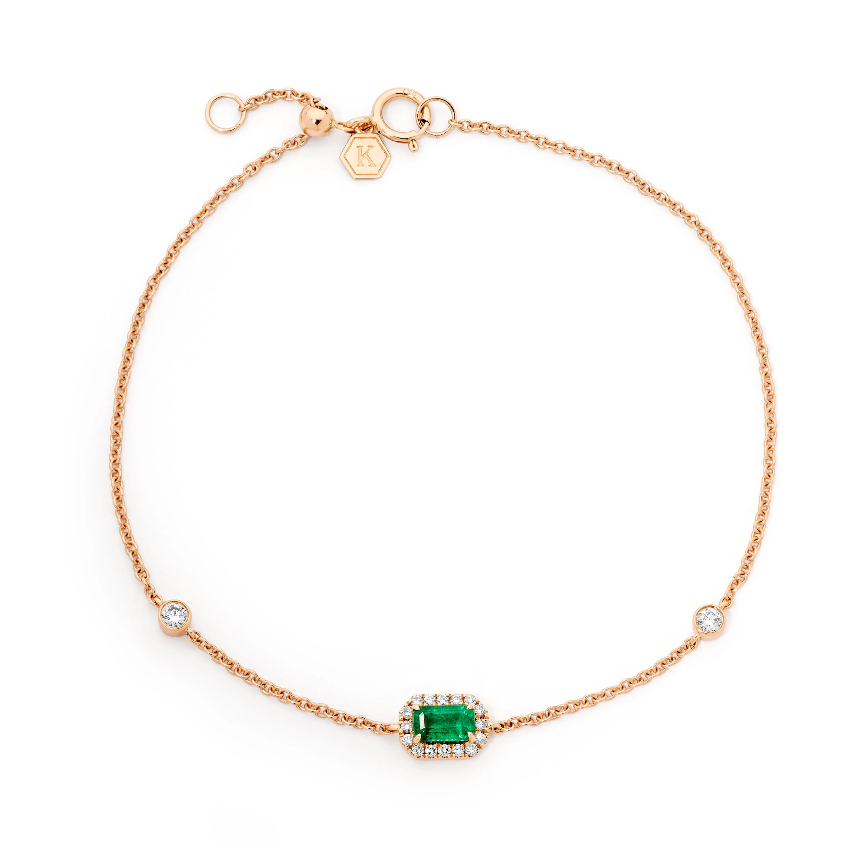 Emerald & Diamond Halo Fine Gold Chain Bracelet - Image 3