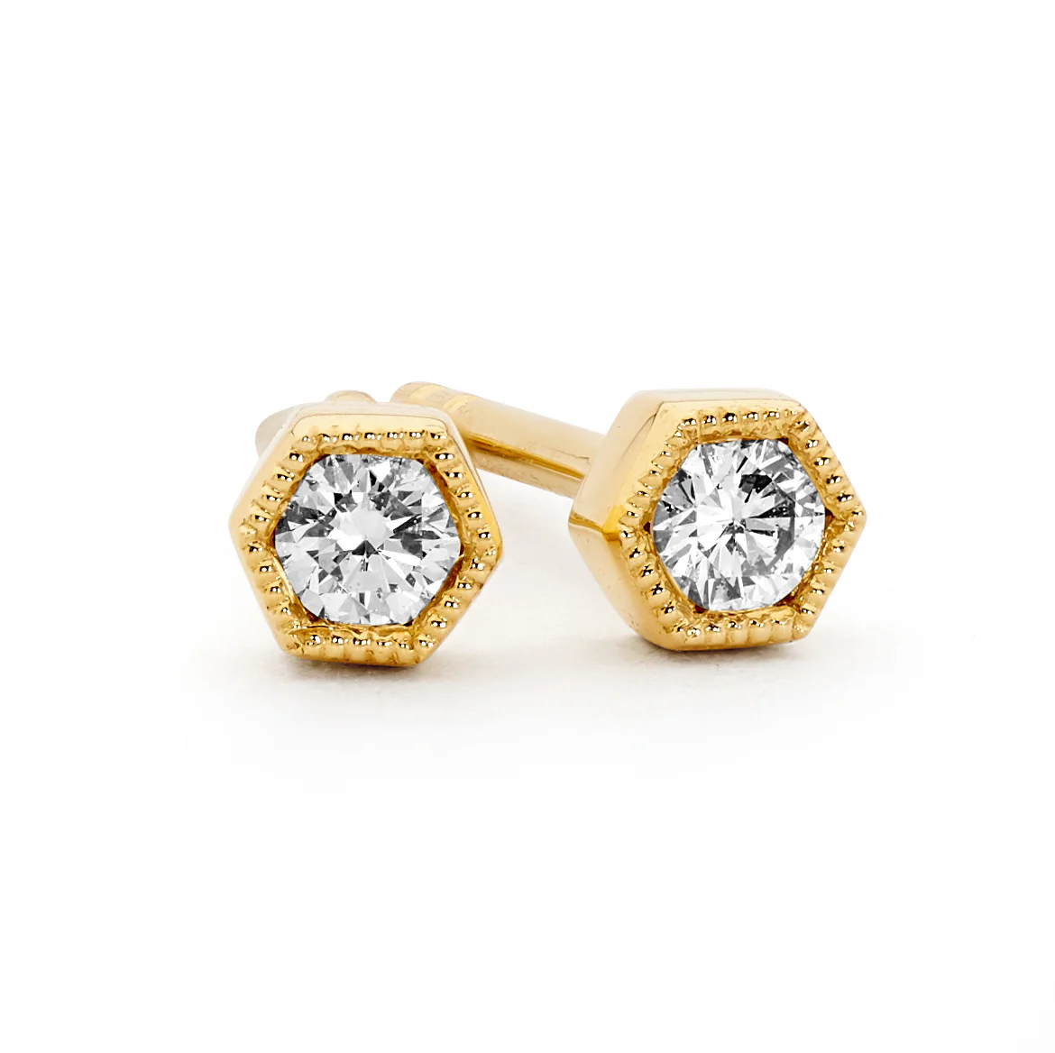 Hexagon Petite Bezel Set Diamond Stud Earrings
