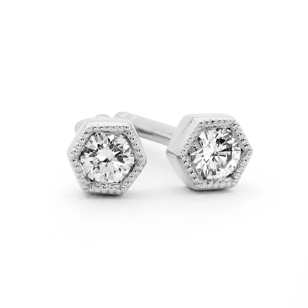 Hexagon Petite Bezel Set Diamond Stud Earrings - Image 7