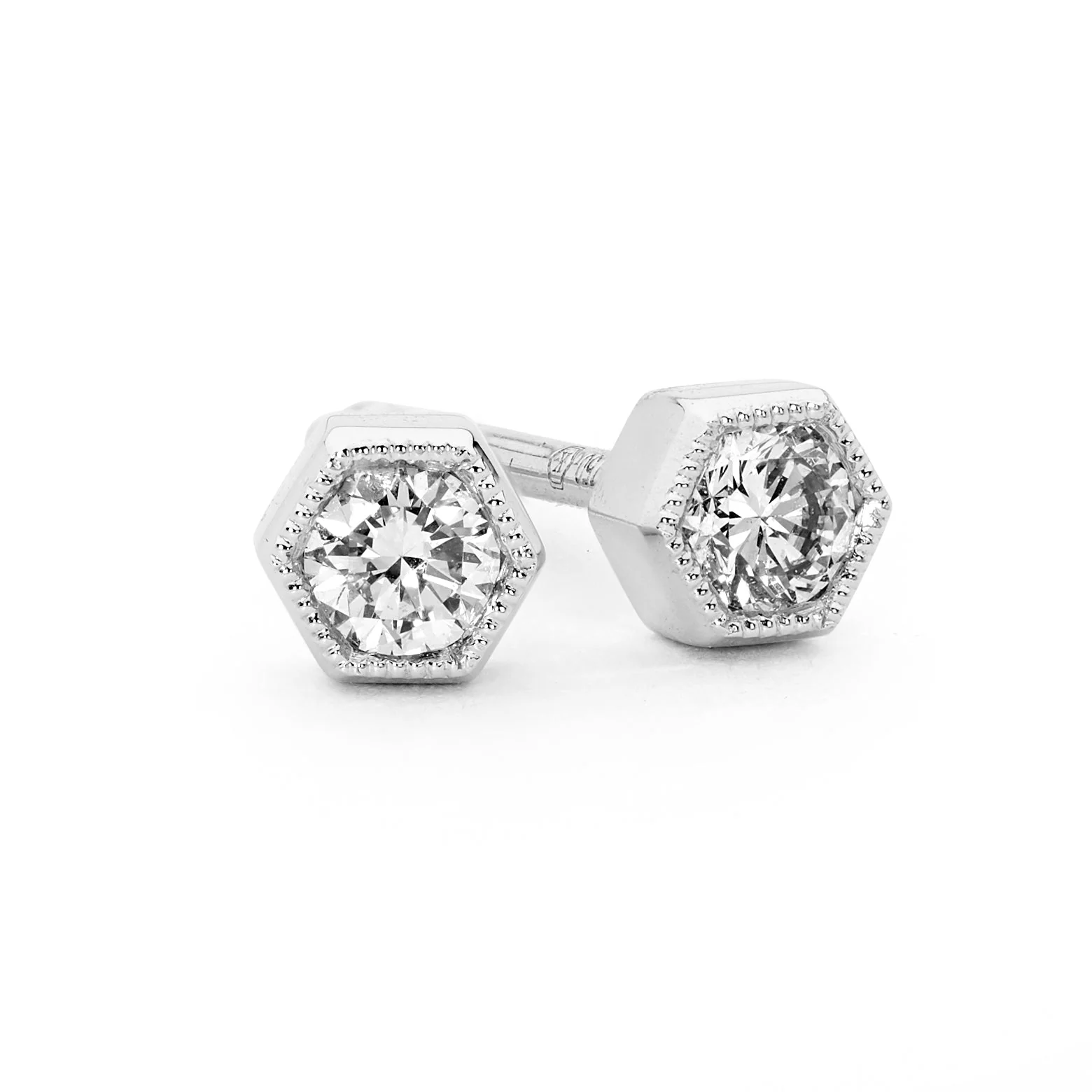 Hexagon Mid Bezel Set Diamond Stud Earrings - Image 7